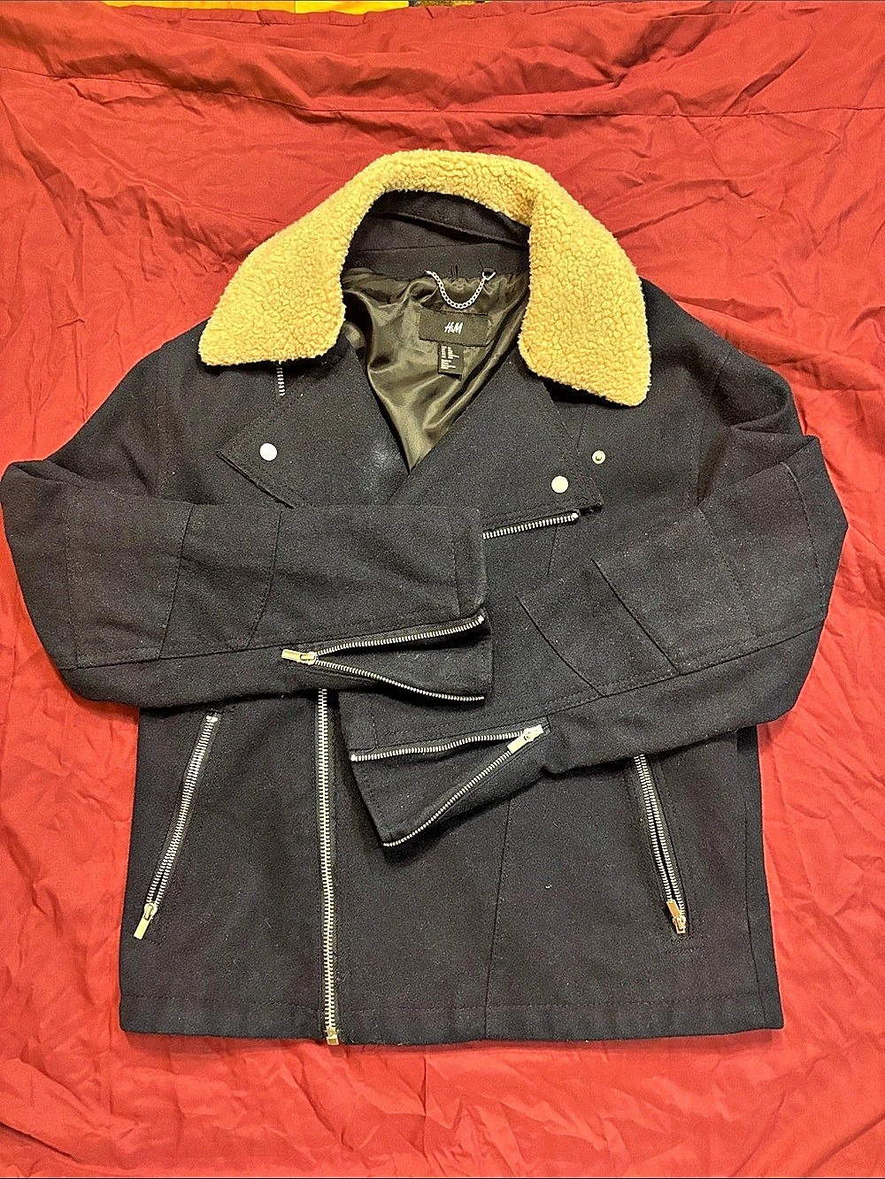 H&M Wool Blend Moto Jacket with Faux Shearling Collar Faux Shearling Collar